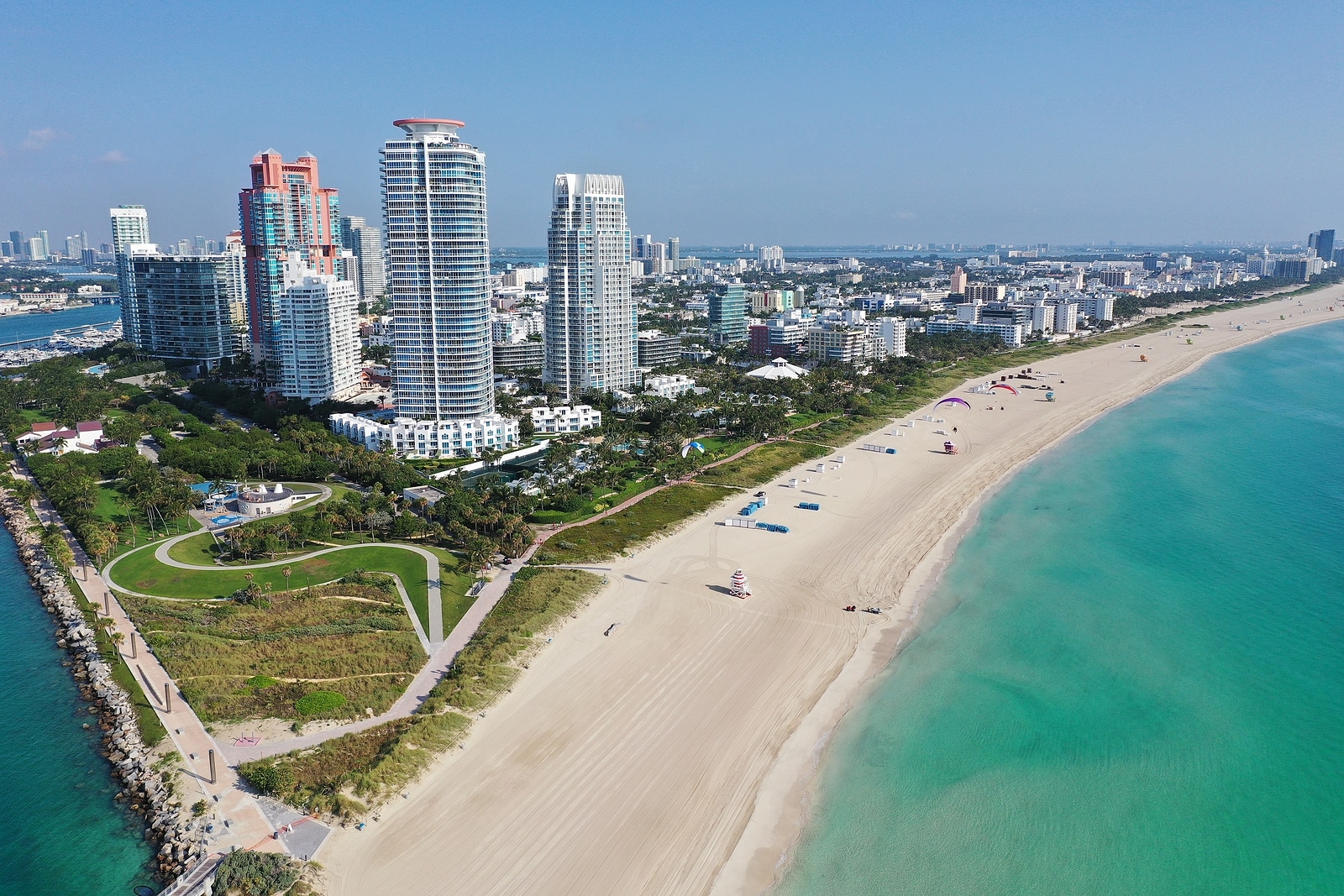 Aerial view of South Pointe Park and South Beach in Miami 